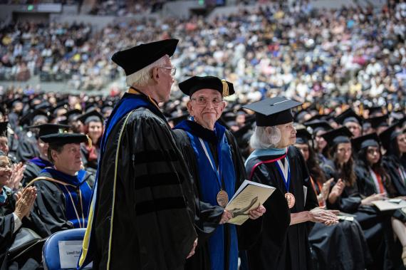 Faculty standing together at commencement.