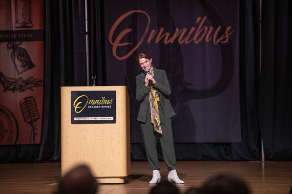 Patti Jinich on stage at the Omnibus Speaker Series.