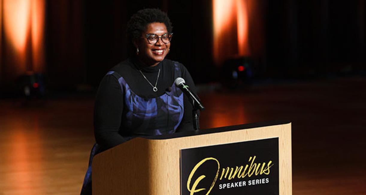 Omnibus speaker Ashley C. Ford speaks to the audiece in Auer Performance Hall