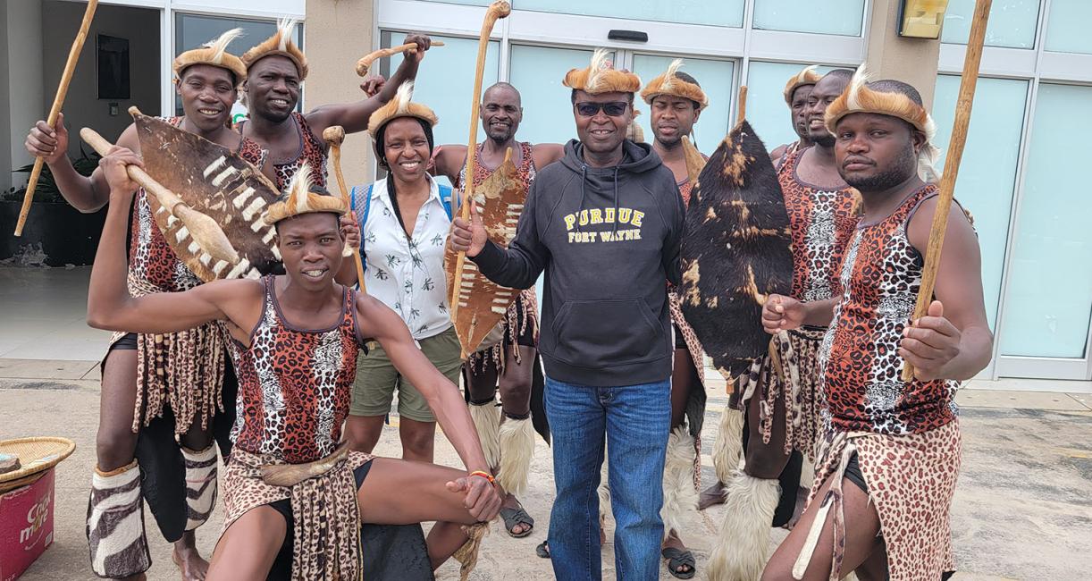 Professor Jospeter Mbuba was entertained by traditional dancers during his six-month Fulbright Scholar visit to Africa University in Zimbabwe.