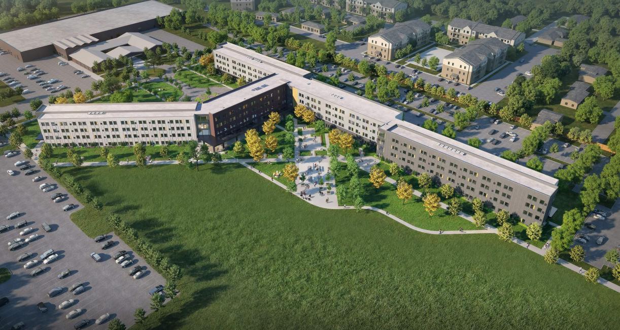 Student housing rendering, aerial view