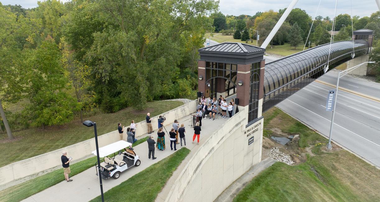 Aerial view of the bridge dedication ceremony