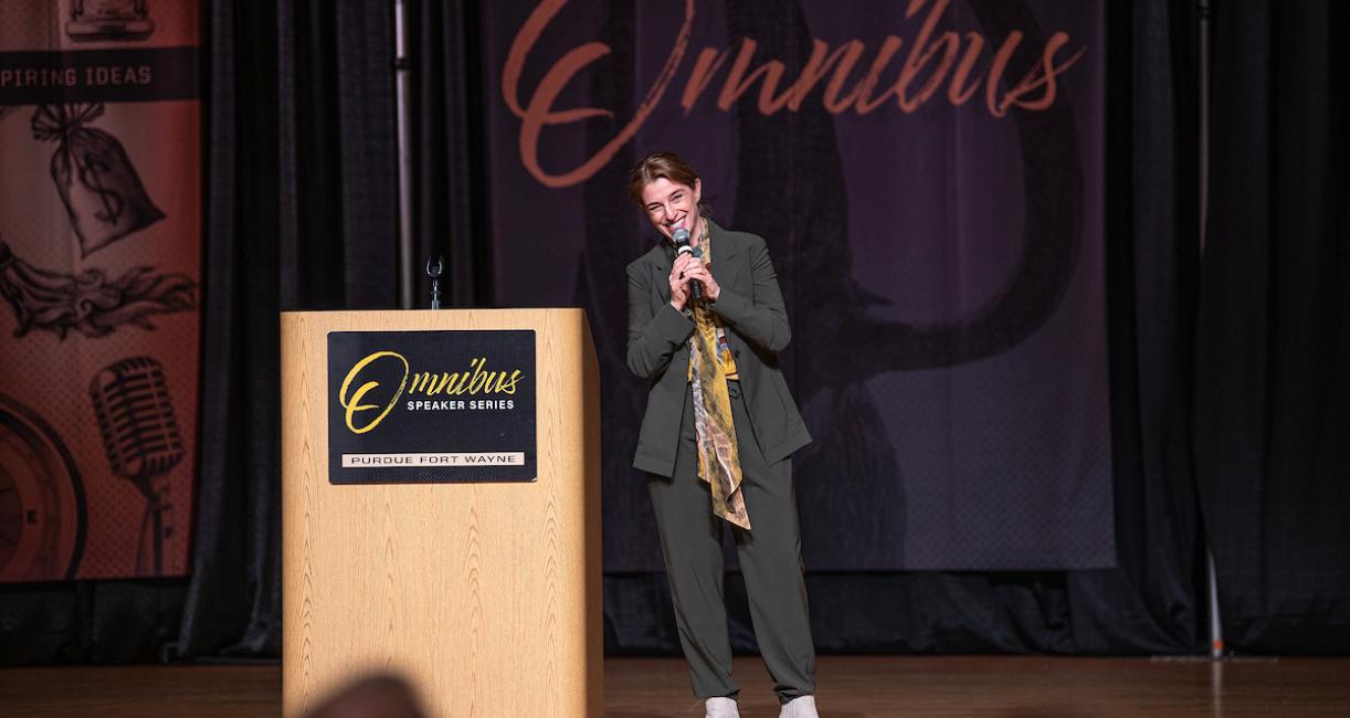 Patti Jinich on stage at the Omnibus Speaker Series.